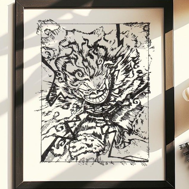 Dibujado a mano (no es una impresión) una pieza Nika Luffy enmarcado pluma y tinta arte dibujo