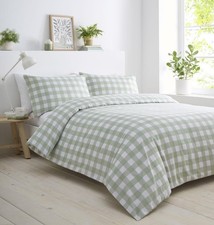 Gingham bedding duvet set cottage check quilt cover light brown or green