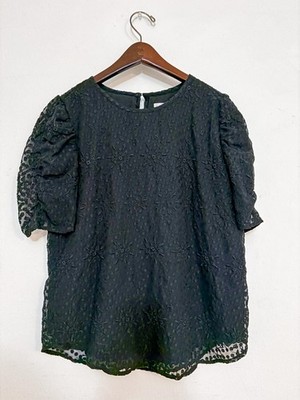 LOFT Womens Small Black Eyelet Lace Blouse Puff Sleeve Sheer Floral Top