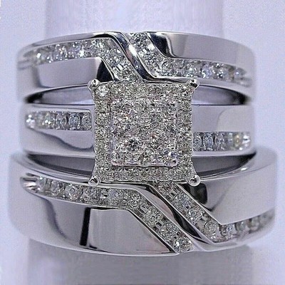 2Ct Round Cut Lab-Created Diamond Wedding Trio Set Ring 14K White Gold Plated