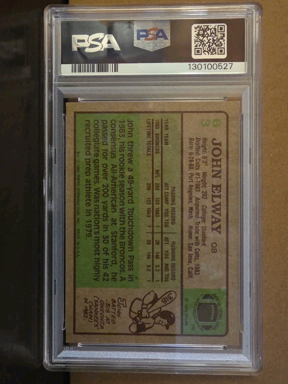 John Elway PSA 5 Rookie Vintage Topps Football Card 1984 NFL Denver Broncos RC view 2