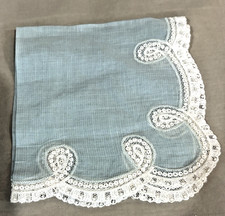 Vintage Green Linen Hankie with Intricate Lace Edging