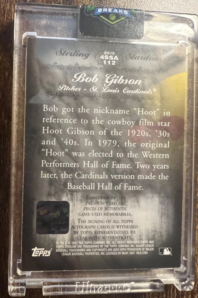 2007 Topps Sterling Bob Gibson Cardinals HOF Game-Used Patches AUTO 08/10 HOOT - Image 2 of 4