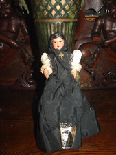 Antique French Doll Celluloid Francesca Black Dress Cross Painted Features Tag