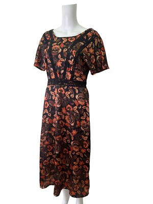 Red Herring Kleid Größe Small 10 schwarz & rostfarben Blumen Tee Damen NEU EU38 UVP £35