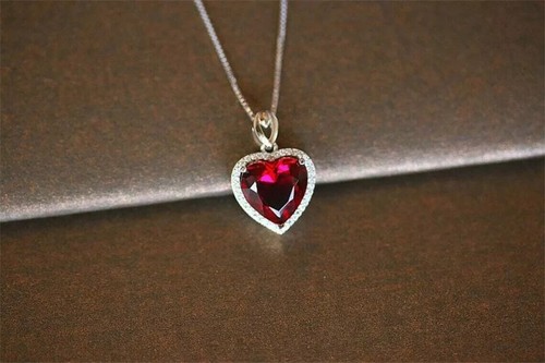 3CT Red Ruby & Diamond Heart Pendant Necklace 14K White Gold Plated Lab Created - Picture 3 of 11