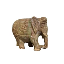 Handcrafted Solid Soapstone Elephant Statue Figurine Intricate Detail Trunk-Down