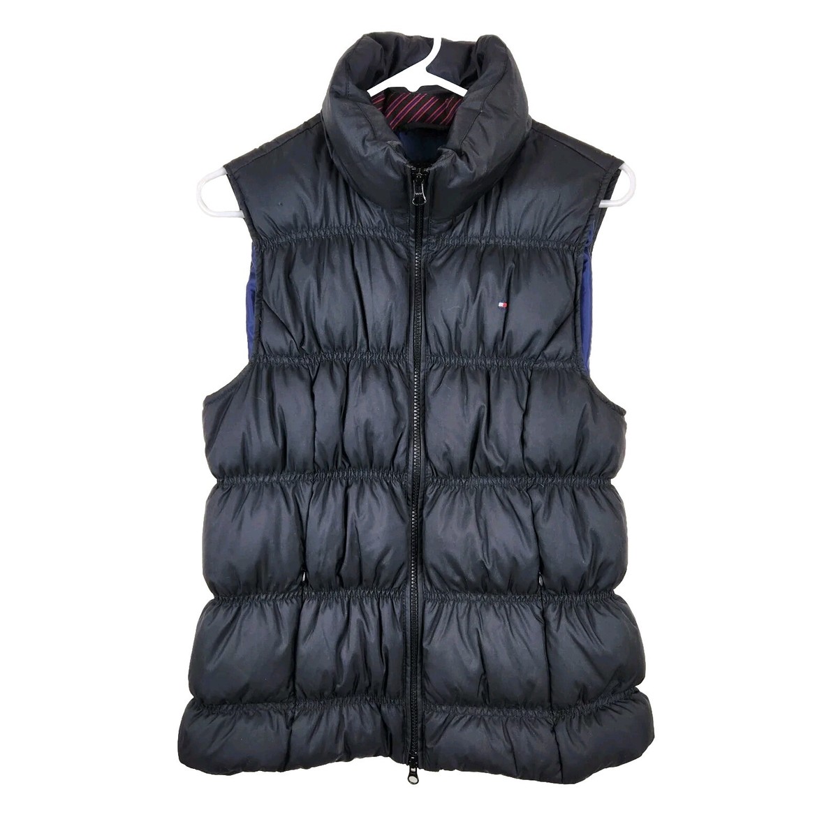 Tommy Hilfiger Womens Black Zip Front Down Filled Puffer Vest Size L  Embroidered