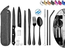 Stainless Steel Portable Travel Utensils Set with Case, Chopsticks, Straw - Blac
