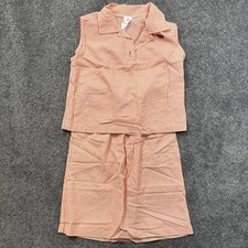 VTG Womens S Seersucker 2 Piece Outfit Orange Striped Skirt Shirt Sleeveless USA