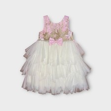 American Princess Pink Bodice  Gold Jacquard White Tulle Tiered Dress NWOT