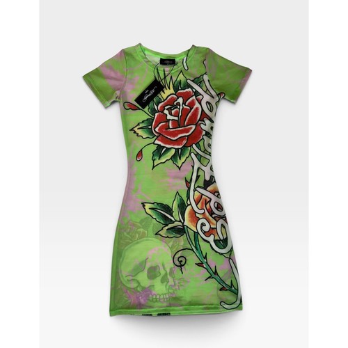 NWT Ed Hardy Swim Mesh Dress Cover Up Green Skull Roses Tattoo Y2K Size Small