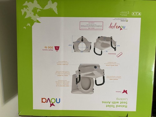Nova Elevated Toilet Seat Locking Padded Arms Quick Install White 300lb Capacity