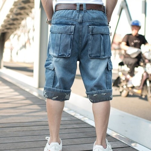 Men Loose Denim Shorts Hip Hop 3/4 Length Jeans Baggy Roll Up Cargo Pocket Work - Picture 9 of 27