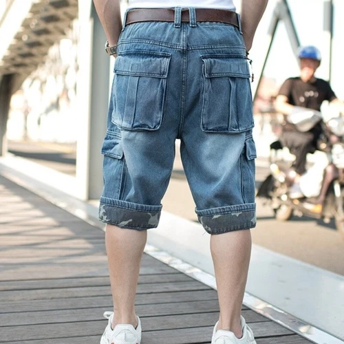 Herren Denim Baggy Loose Shorts Hip Hop 3/4 Länge Jeans Roll Up Cargo Tasche - Bild 8 von 18