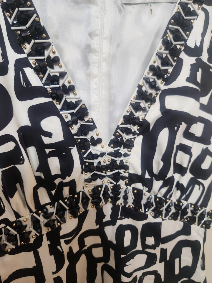 Trina Turk Dress Size 4 Beaded Sequin Sleeveless Black White - Image 3 of 4