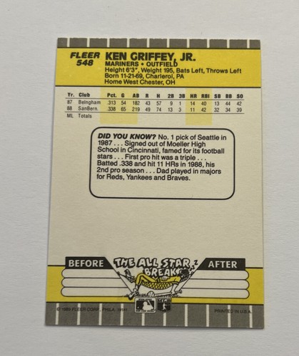 1989 Fleer Ken Griffey Jr #548 RC Rookie Card Mariners - Foto 2 di 2