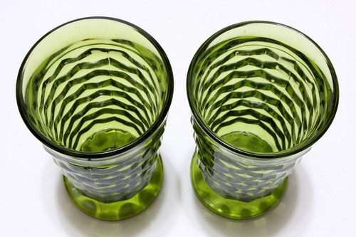 2 Vintage Indiana Colony Whitehall Cubist Avocado Green Tall Drinking Glasses 6" - Picture 3 of 5