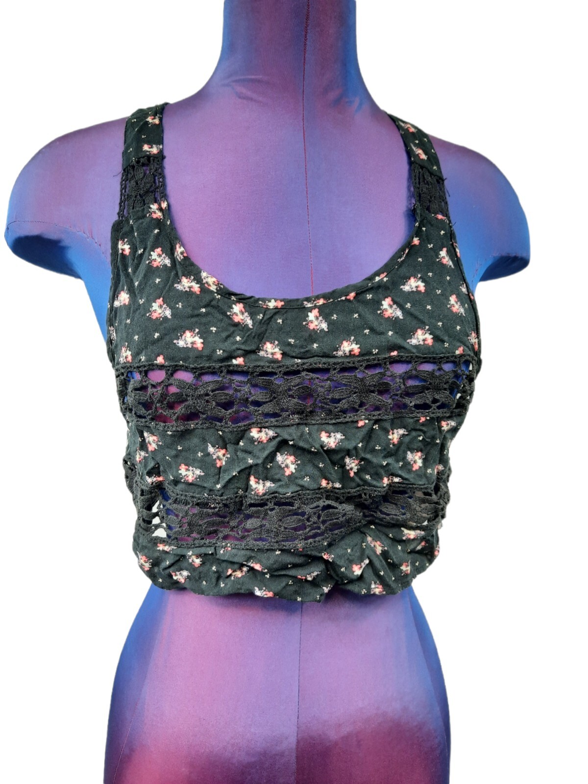 Free People XS Womens V-Back Crochet Lace Floral Cut Out Crop Top