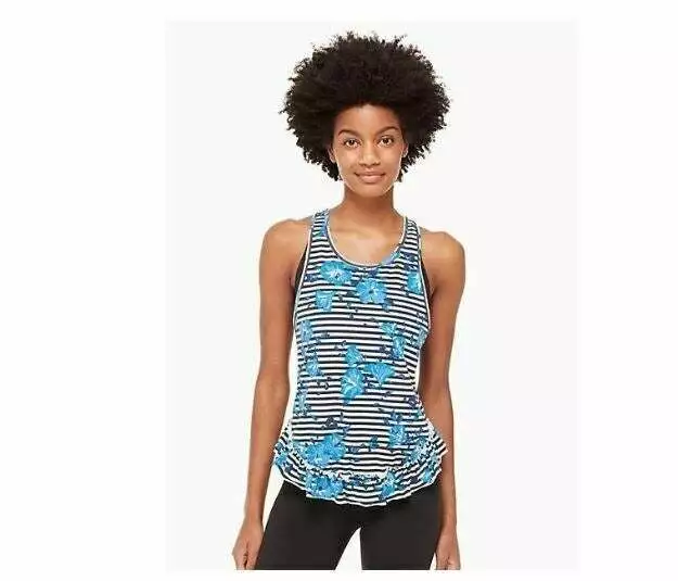 New Kate Spade Hibiscus Stripe Tank Top size M Blue White Floral Race Back DDK
