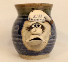 Ugly Face Mug Stoneware Art Pottery 3D Funny Blue Glazed Handmade Signed 4" Tall