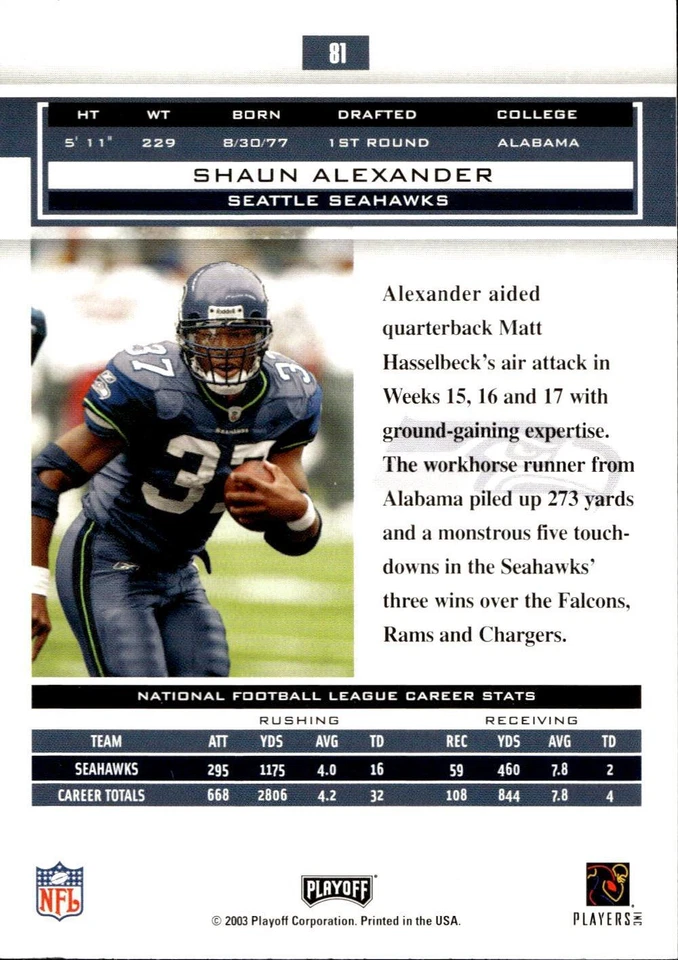 2003 Playoff Honors #81 Shaun Alexander - Image 2 of 2