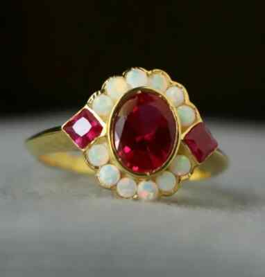 Rubin & Opal Verlobungsring 14K Gelbgold plattiert Silber 2 Karat oval Lab Cr...
