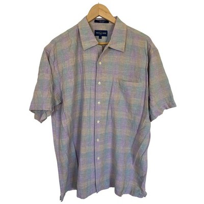 Alan Flusser Mens Large Linen Blend Short Sleeve Button Up Shirt Pastel Plaid