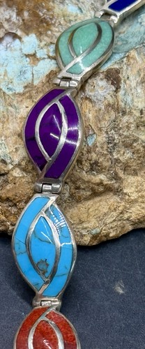 Beautiful Zuni Handmade Sterling Silver & Multi Gemstone Inlay Link Bracelet - Picture 4 of 15