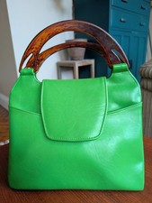 RARE 1960s Apple Green Leather Bag | Lucite Tortoiseshell Handles | MOD Retro
