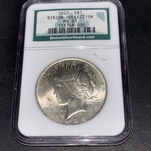 UNITED STATES 1922 PEACE SILVER DOLLAR NGC MS 63 BINION COLLECTION* - Picture 1 of 2