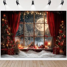 10x7ft Christmas Photo Backdrop Full Moon Night Background Red Curtain Studio