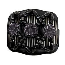Women Magic Hair Combs Wood Beaded Stretch Double Side Combs Clips Round Black