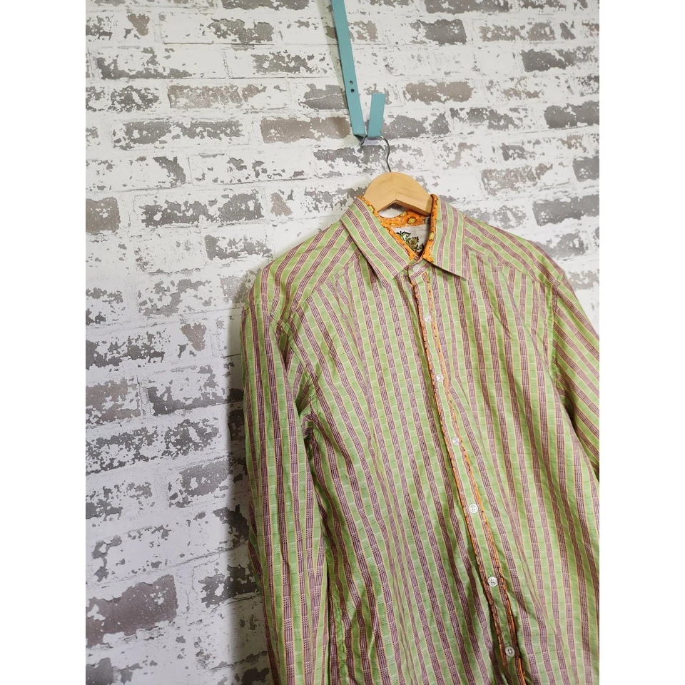 Camisa Para Hombres XL Robert Graham Diseñador Abotonada Verde Rayas Bordada Informal Foto 3 de 4