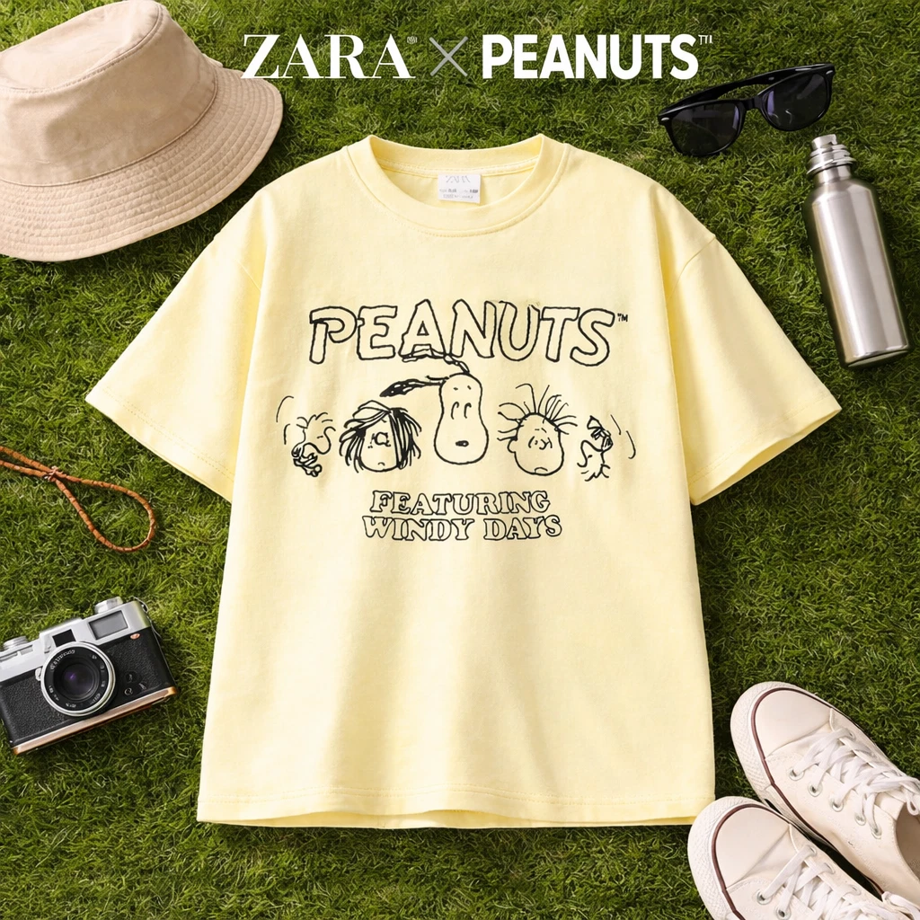 ZARA Kids Peanuts Snoopy Woodstock Yellow Graphic T-Shirt Size 8-9 Charlie Brown