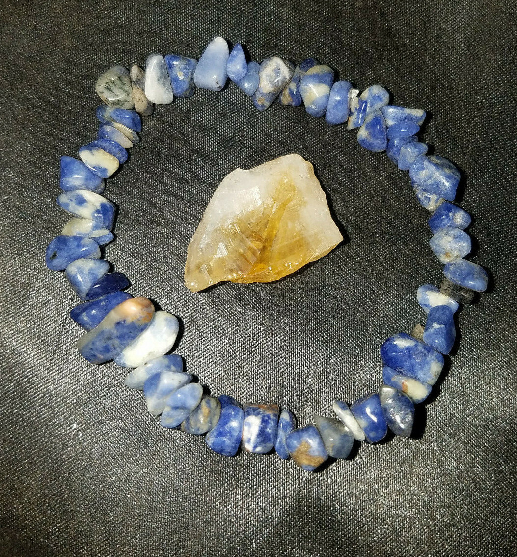 CHARGED LAPIS LAZULI Chip Stretchy Bracelet, handmade with Citrine