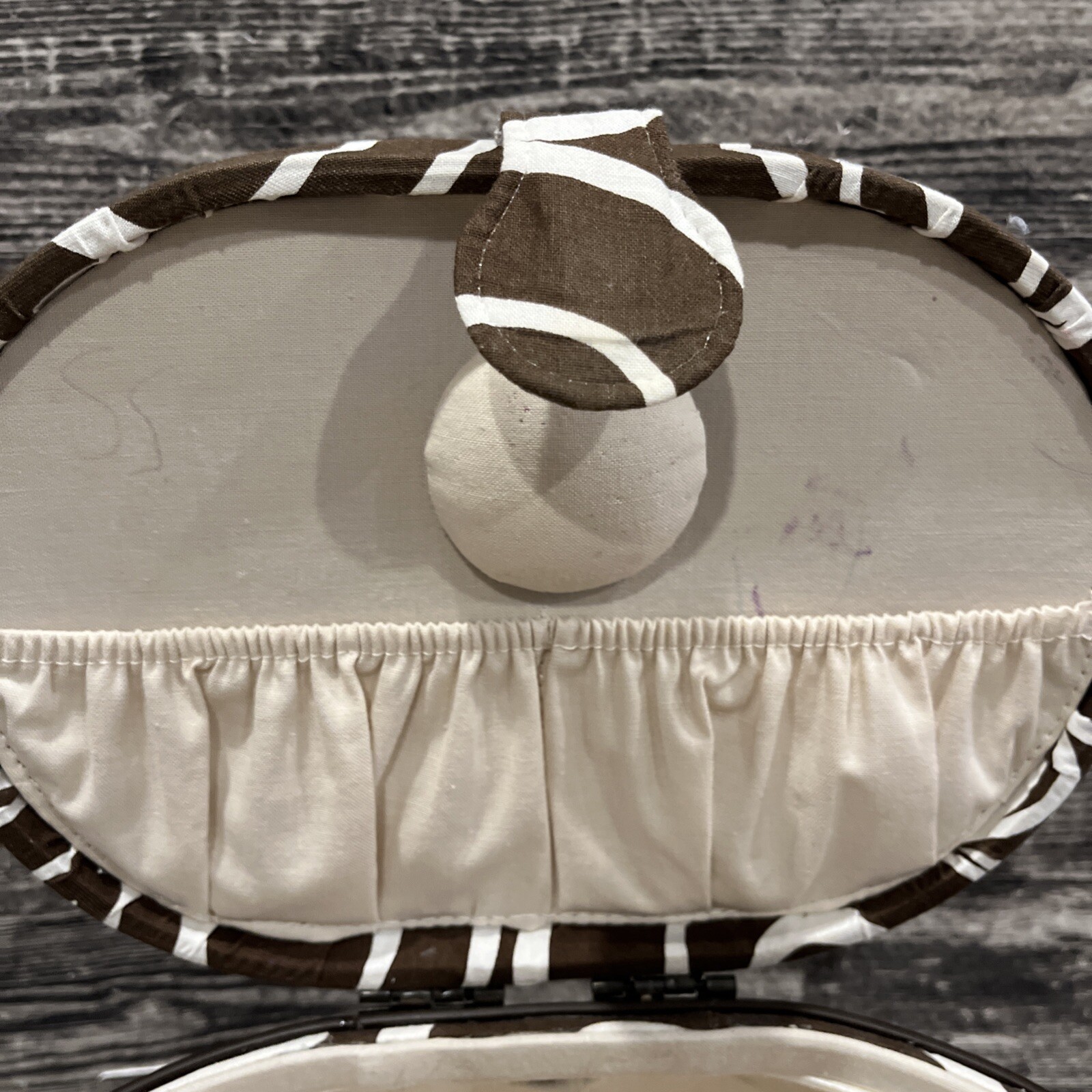 Padded Brown Modern Swirl Print Sewing Box with Fun Beaded Handle