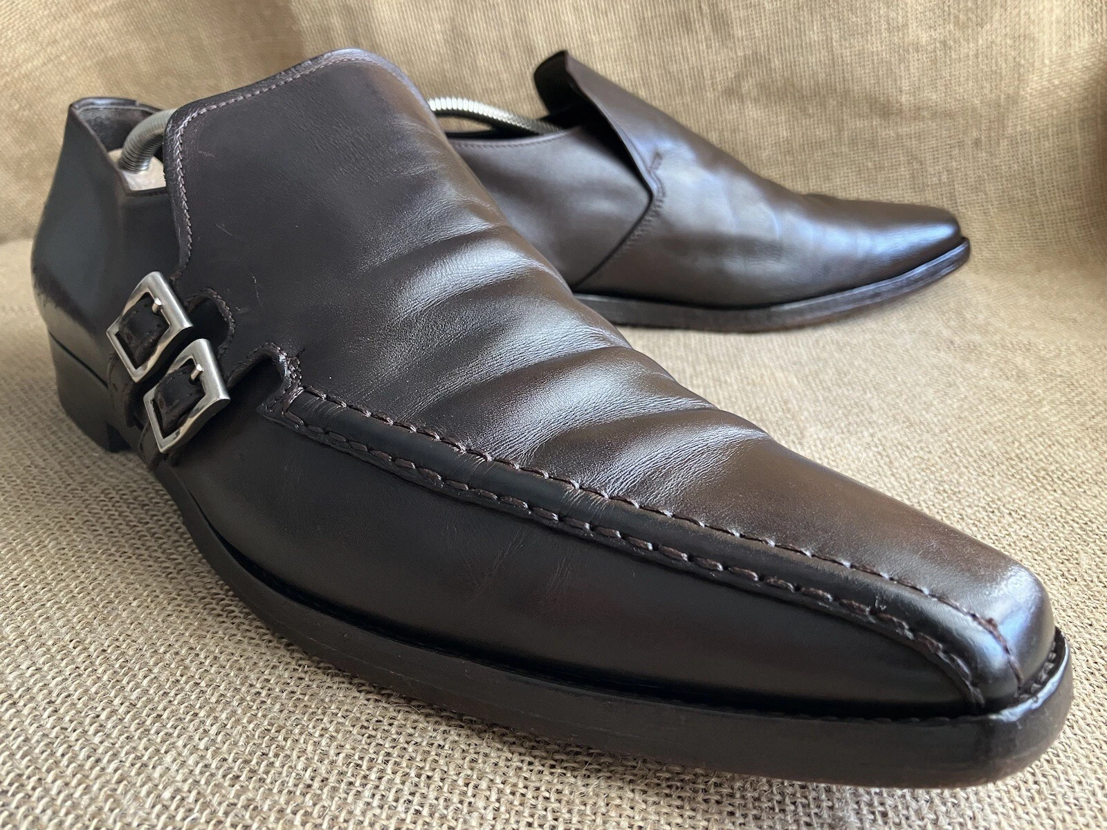 Scarpe da uomo Prada in pelle marrone con doppio cinturino da monaco taglia UK 9 5 US 10 5