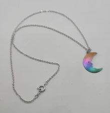 Vtg Niobium Crescent Moon 1" Charm Pendant Silvertone 16" Necklace Unsigned 