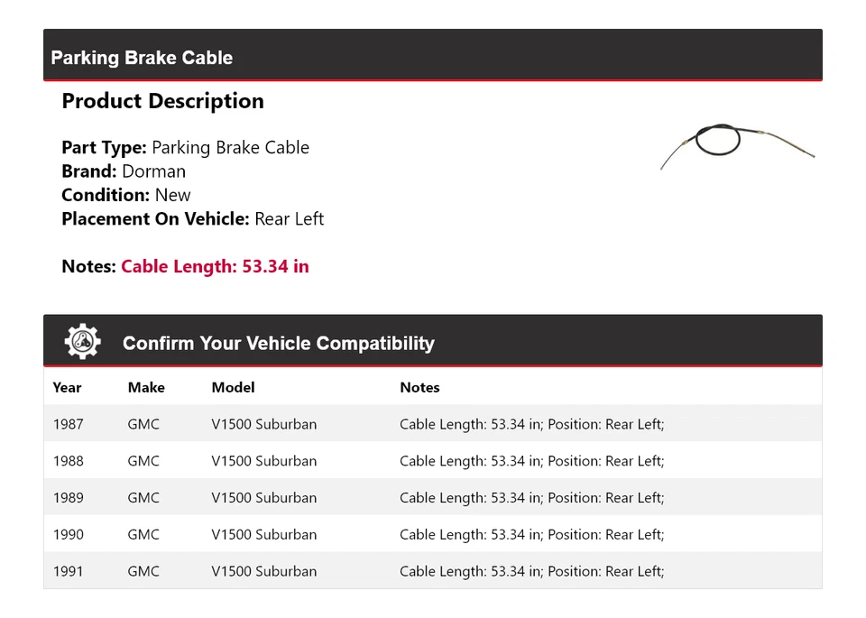Cable de freno de estacionamiento trasero izquierdo para GMC V1500 1987-1991 Suburban Dorman 1988 1989 Foto 2 de 4