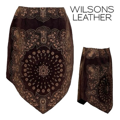 Vintage WILSONS LEATHER Womens 10 Suede Leather Skirt Short V Mini Boho Mandala
