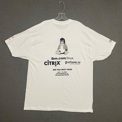 Vintage Hanes T-Shirt Mens XL White IBM Linux Conference Computer 2002 Casual