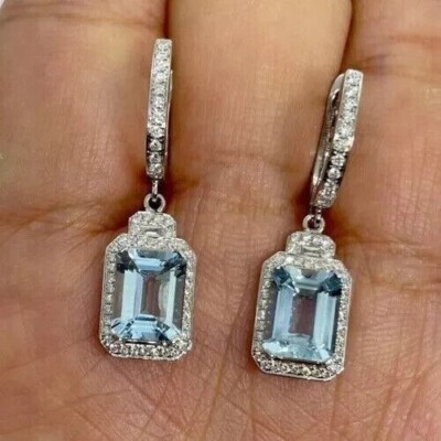 Emerald Cut Simulated Aquamarine Pretty Drop Earrings In 14k White