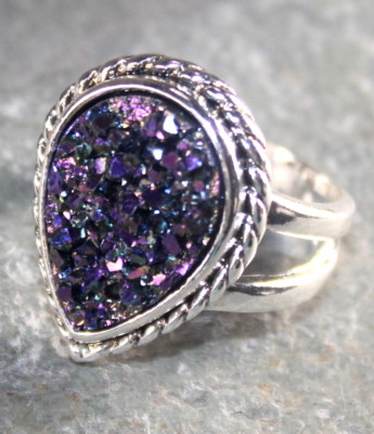 SILVER Vintage Style Purple Blue Rainbow Titanium Druzy Teardrop Ring, WR12022