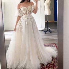 Elegant Tulle Wedding Dresses Sweetheart Short Puff Sleeves Applique Bridal Gown