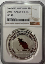 2007 SILVER AUSTRALIA 1 OZ GILT $1 2008 YEAR OF RAT LUNAR COIN NGC MS 70 RARE