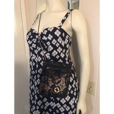 Vintage Carlos Falchi Suede Blue Gold Embossed Small Crossbody Zip Purse Black