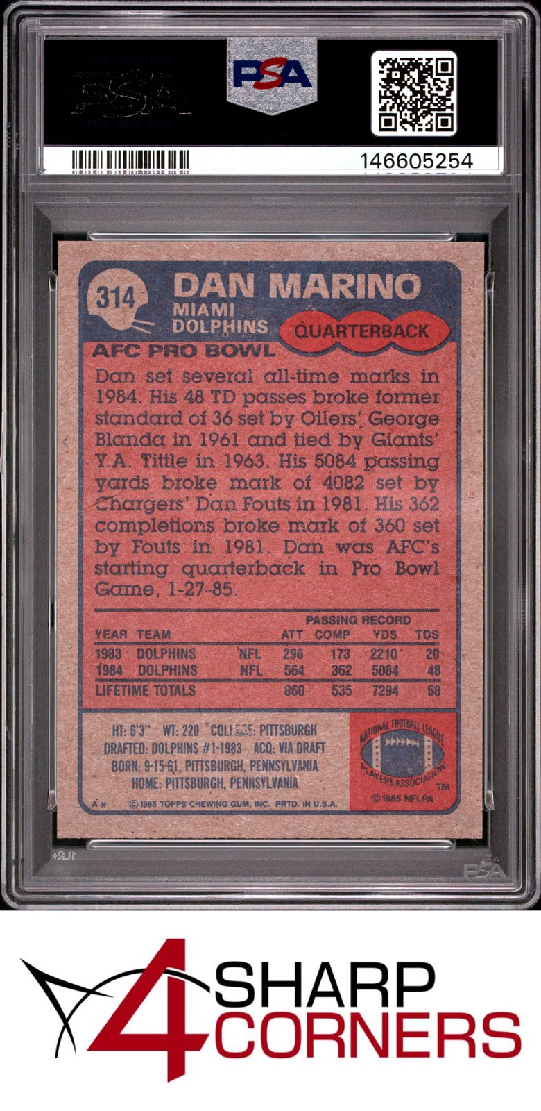 1985 TOPPS ALL PRO #314 DAN MARINO DOLPHINS HOF PSA 8 view 2