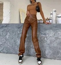 Okuohao Womens Brown Faux Leather High Waist Straight Pants Trousers. Small-UK 8