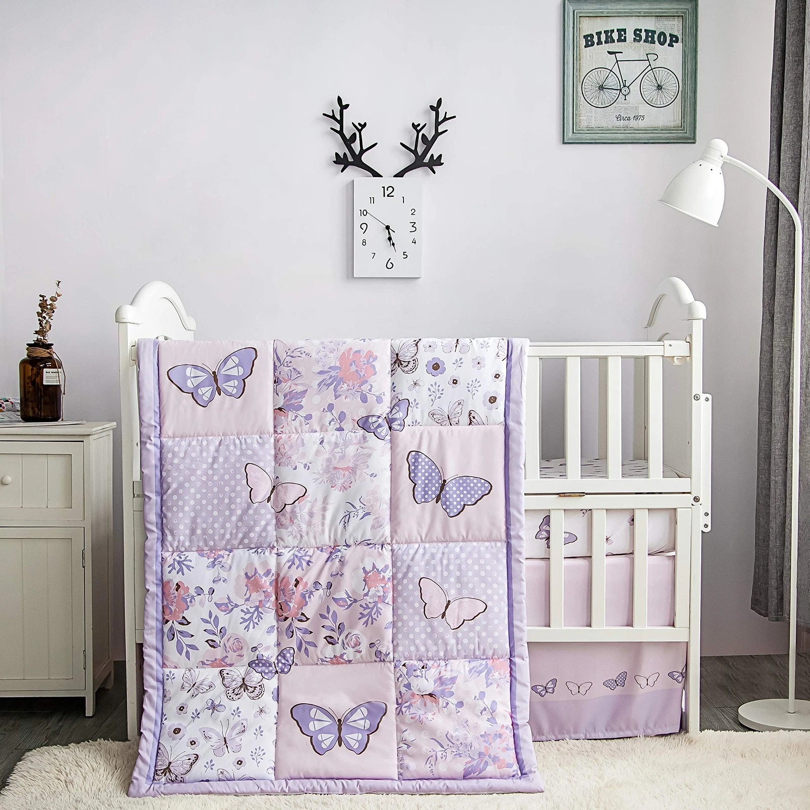 La Premura 3-Piece Purple Butterfly Baby Crib Bedding Set for Girls, Lilac St...